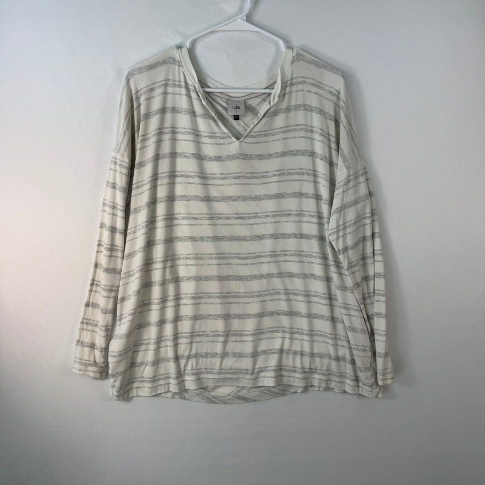 Cabi Womens Grey Striped Notched V-Neck Long Sleeve Relaxed Knit Top 5930 Small - Picture 3 of 9
